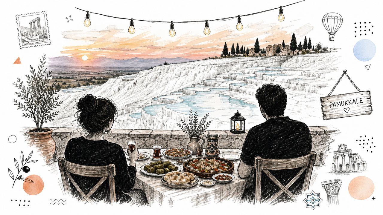 Pamukkale'nin eşsiz traverten manzarasına karşı romantik bir akşam yemeği yiyen bir çiftin çizim görseli.