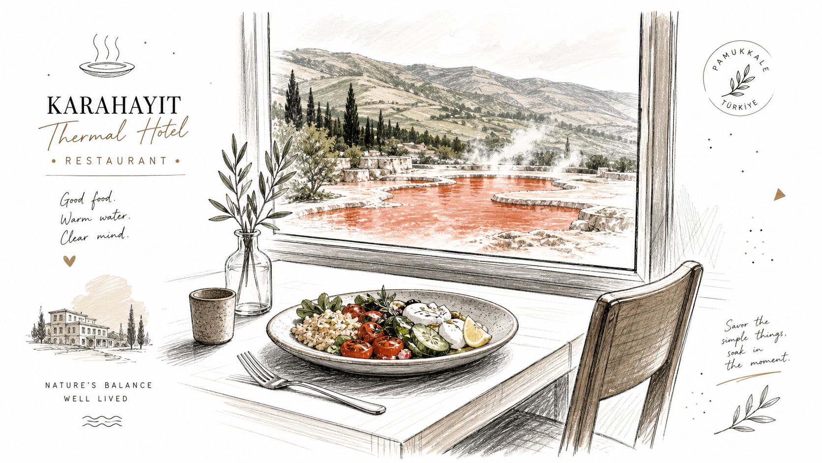 Karahayıt Termal Otel restoranında manzara eşliğinde sunulan sağlıklı ve lezzetli bir akşam yemeği çizimi.